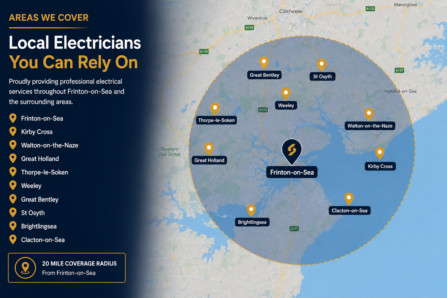 Electrical service coverage map showing Frinton-on-Sea, Kirby Cross, Walton-on-the-Naze, Great Holland, Thorpe-le-Soken, Weeley, Great Bentley, St Osyth and Brightlingsea.